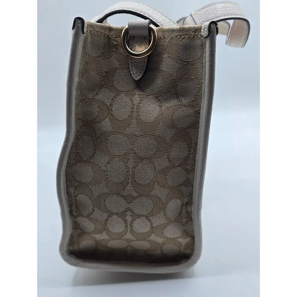 Coach Dempsey Tote 22 Signature Jacquard Khaki Chalk Pink Stripe Crossbody Bag
